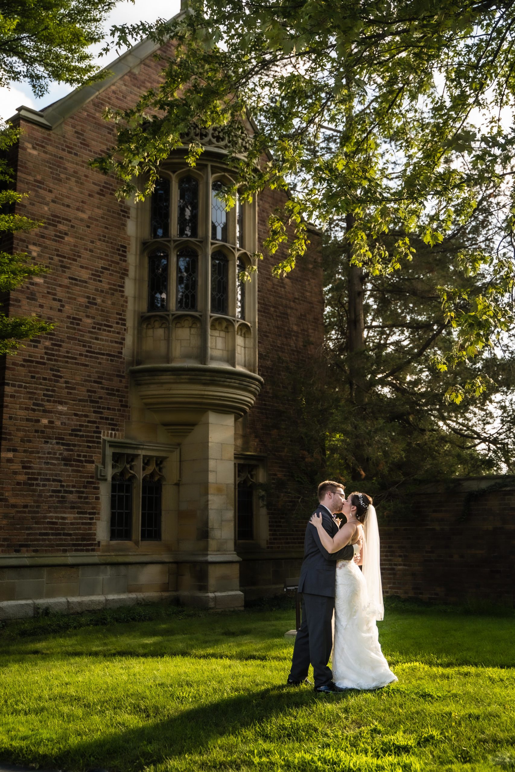 bride and groom outside of meadow brook hall