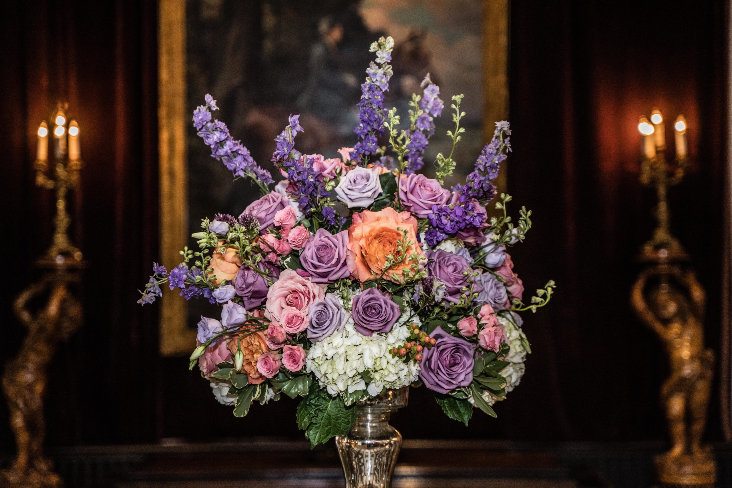 purple and coral floral center piece