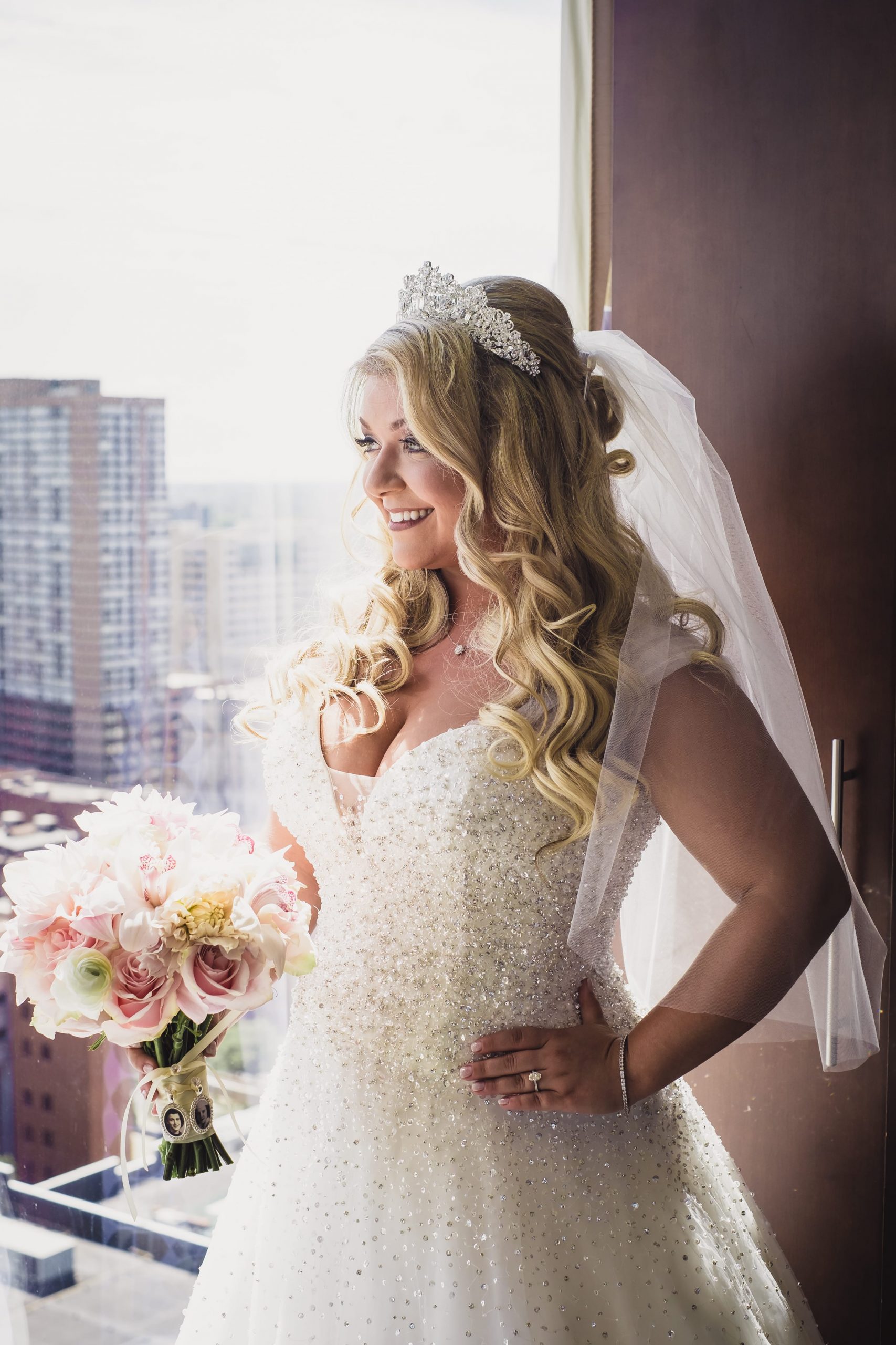 blonde bride portrait with glamorous dress