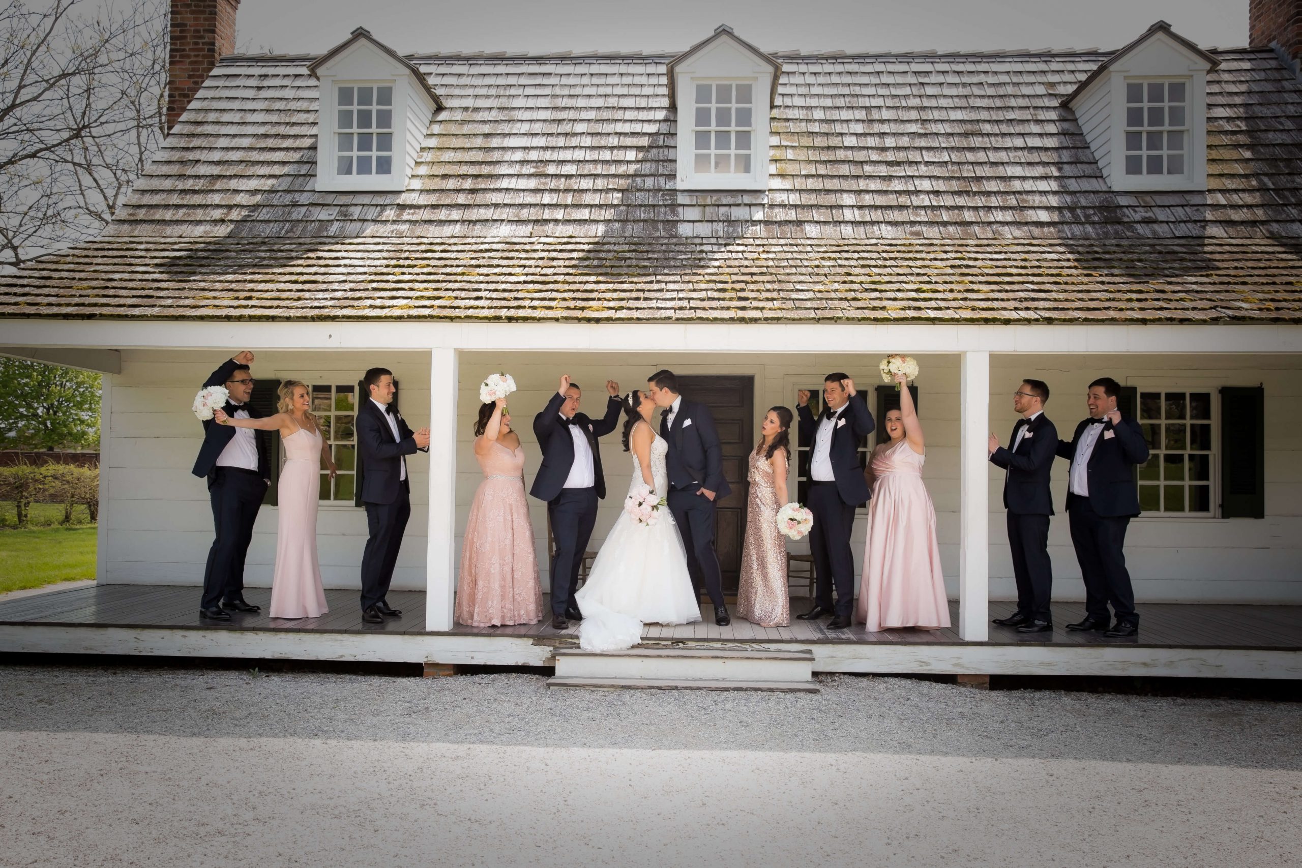 bridal party and bride and groom at greenfield village