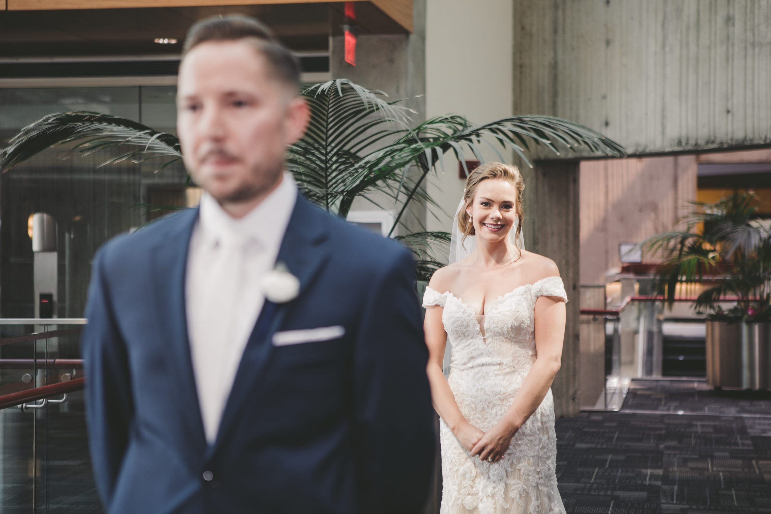 bride and groom before first look