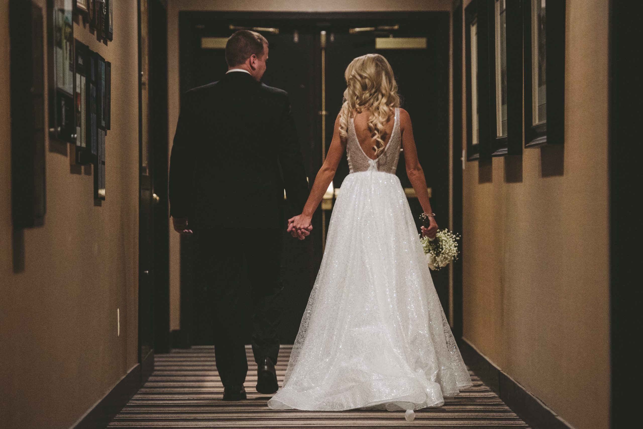 bride and groom walking wedding photo