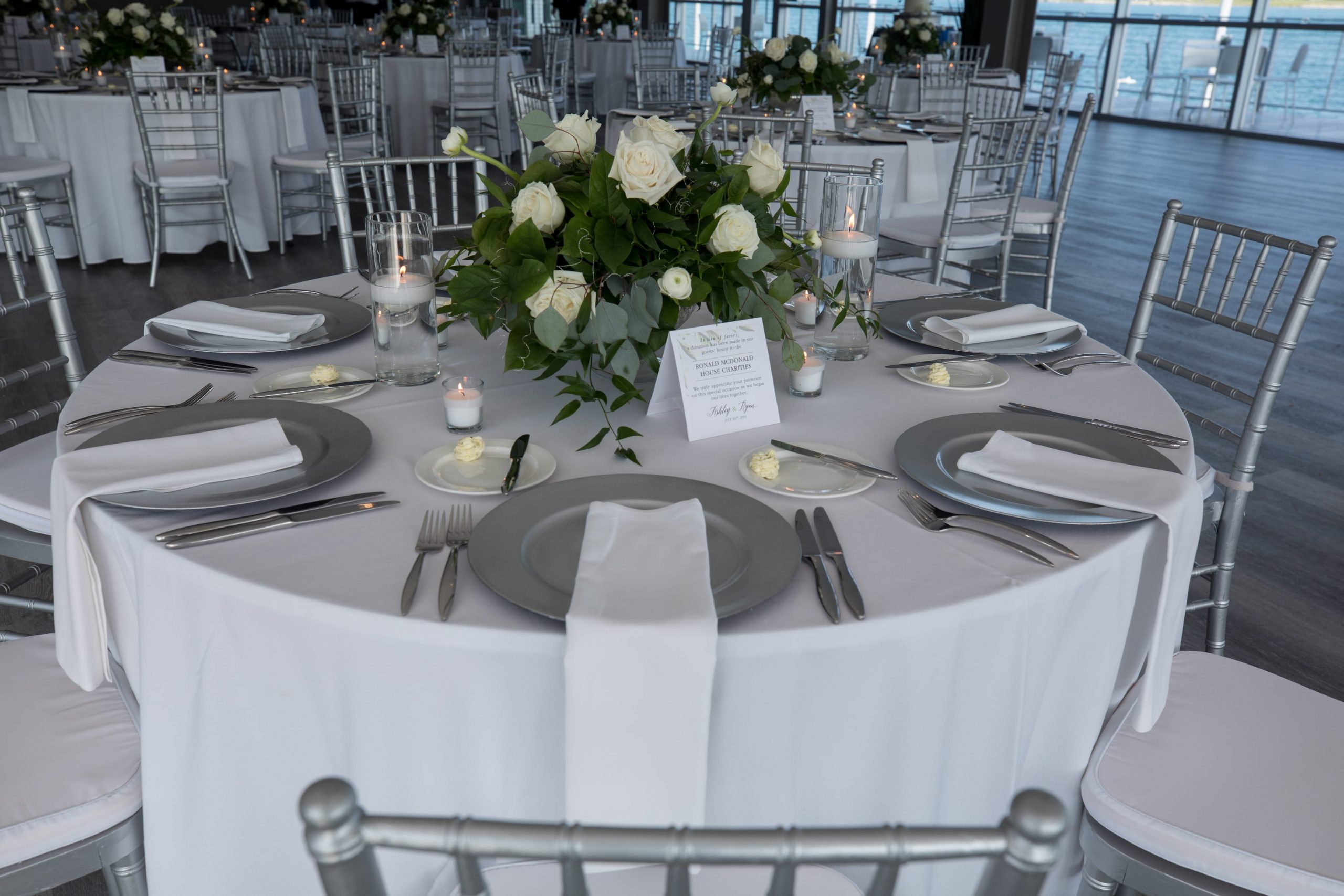 silver wedding details at waterview loft