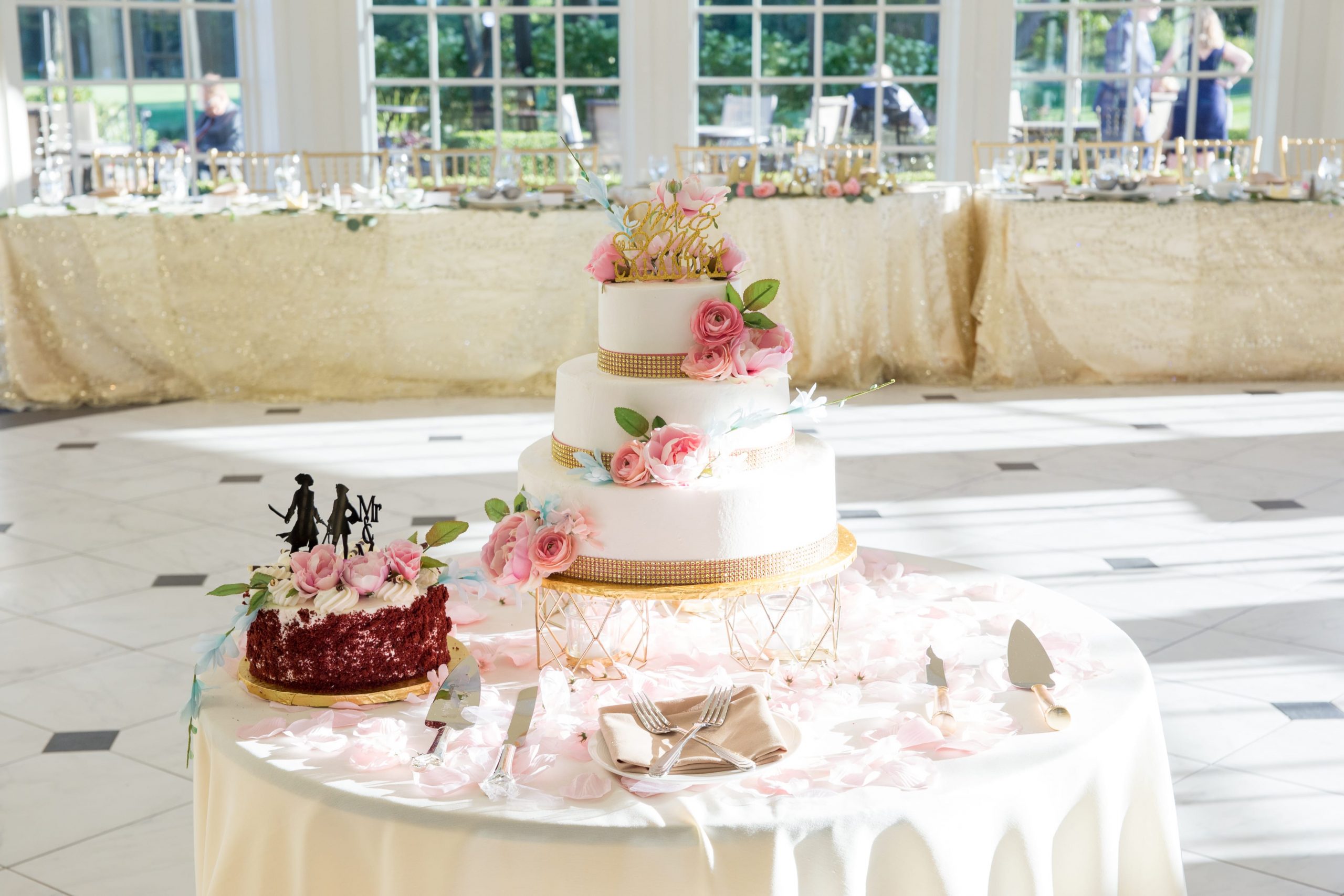 wedding cake table on dance floor at Cherry Creek