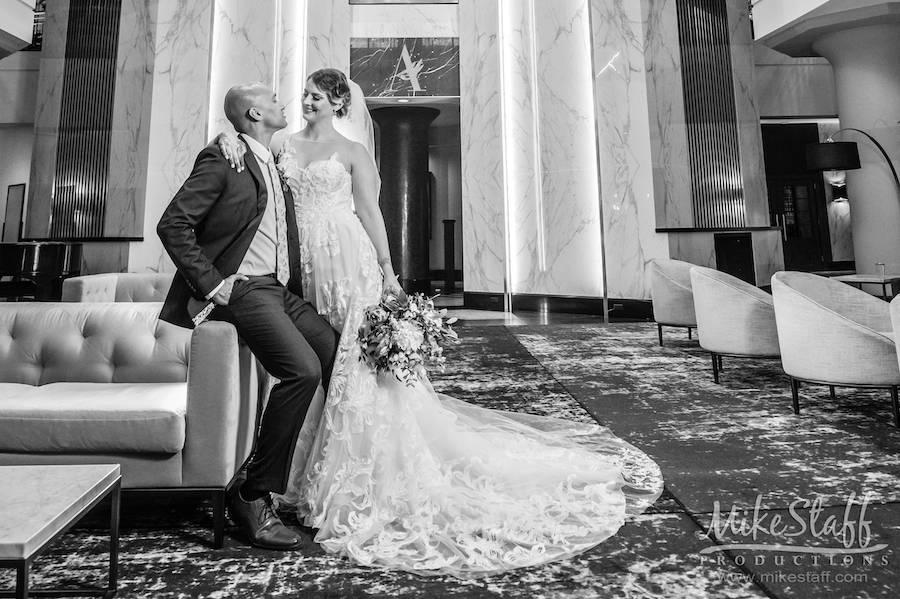 black and white portrait of bride and groom at Atheneum Suite Hotel weddings