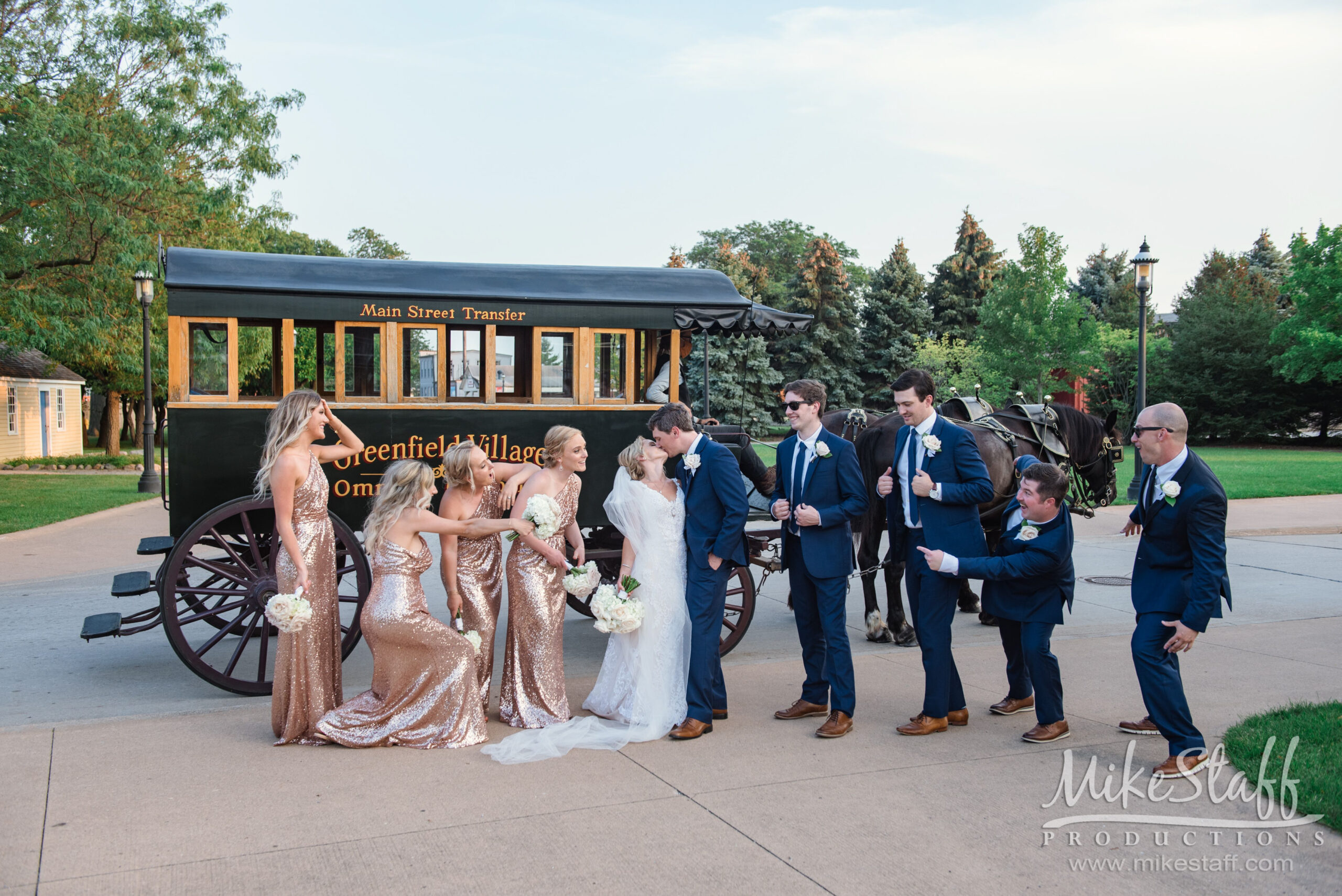 bridal party with horse and carriage