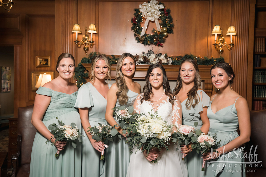 bride and bridesmaids christmas mantel