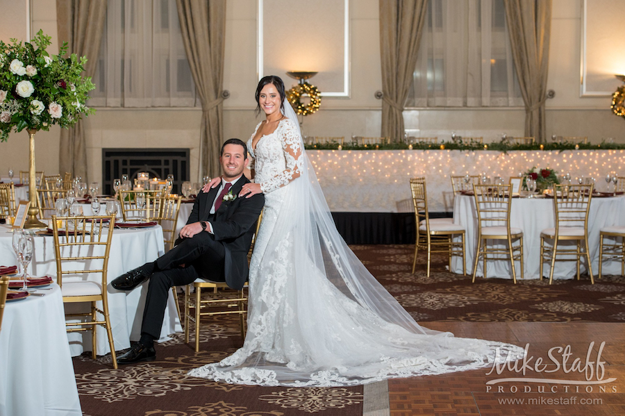 bride and groom in ballroom at inn at st johns