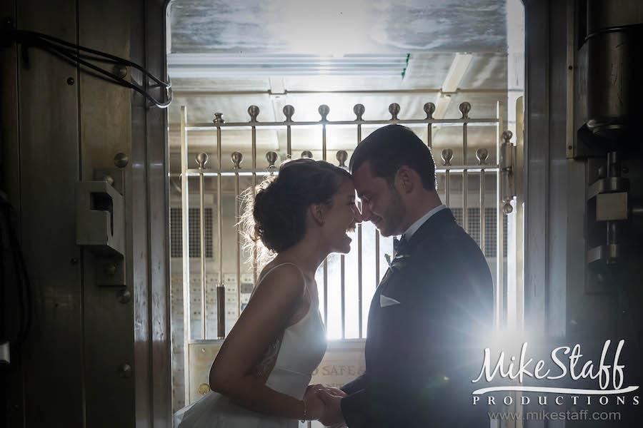 bride and groom in vault at The Treasury