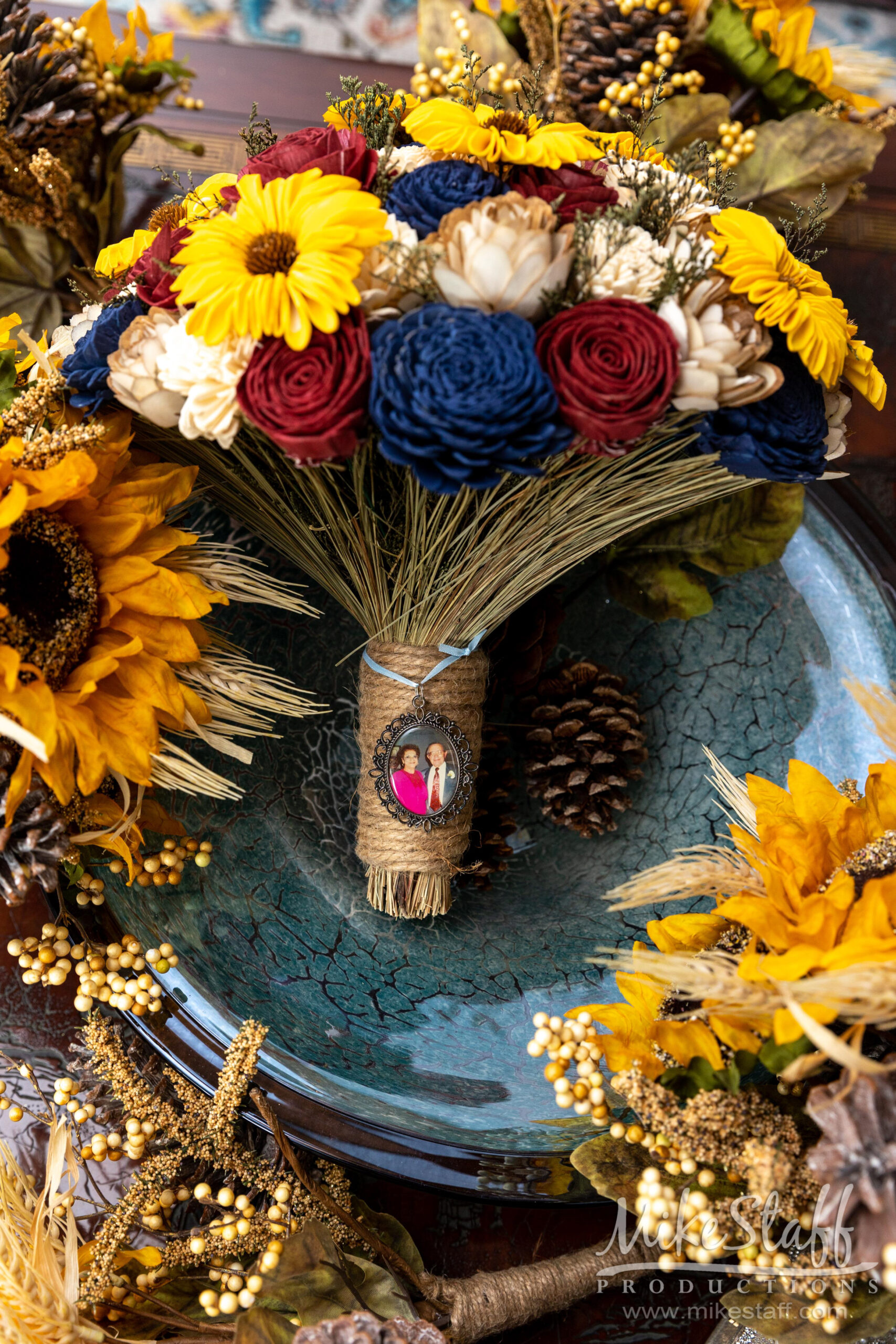 navy red and yellow bridal bouquet