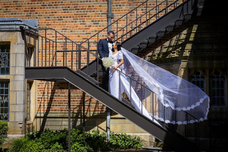 veil flowing down stair case