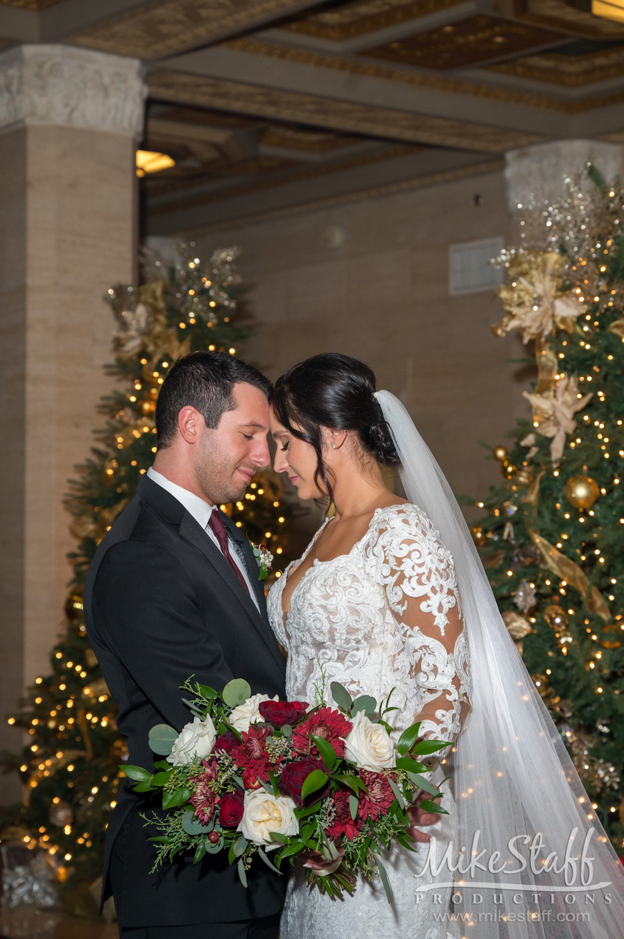 wedding photo with christmas trees